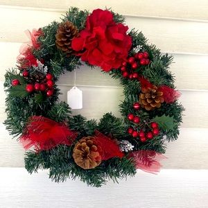 Evergreen Faux Wreath Trimmed with red accents and pine ones